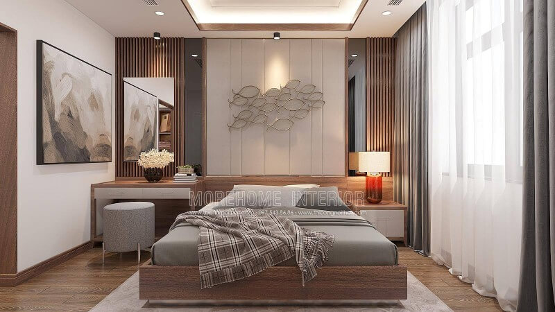 Bố trí phòng ngủ dành cho cậu con trai mới lớn với lối thiết kế đơn giản nhưng khá nam tính. Chiếc giường ngủ hiện đại gỗ công nghiệp veneer óc chó có thể nói là điểm nhấn thể hiện nổi bật nhất mở màn cho bức tranh canvas treo tường phòng ngủ đẹp mắt tại biệt thự Vinhomes Imperia Hải Phòng.