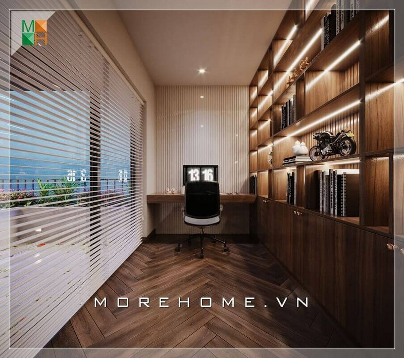 .
Sự tương đồng về màu sắc từ sàn gỗ, bàn làm việc, đến kệ sách bằng gỗ óc chó tự nhiên cao cấp góp phần tạo nên một vẻ đẹp đẳng cấp, sang trọng cho không gian phòng làm việc.